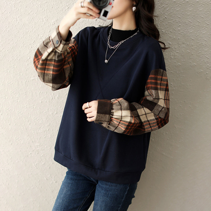 復古格紋假兩件不起球圓領衛衣