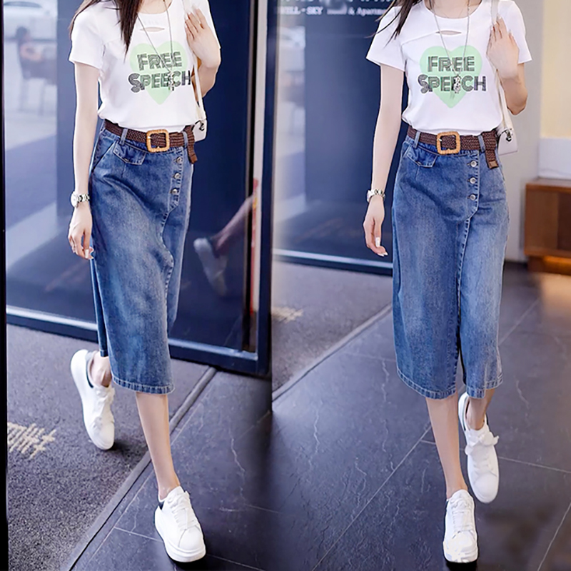 薄款七分高腰寬鬆闊腿牛仔裙褲