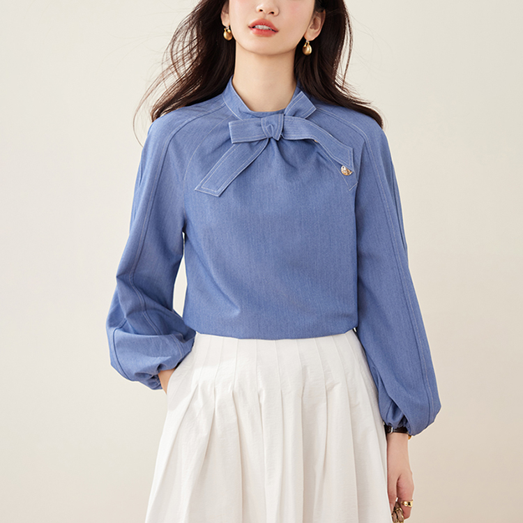 法式復古蝴蝶結繫帶泡泡袖襯衫