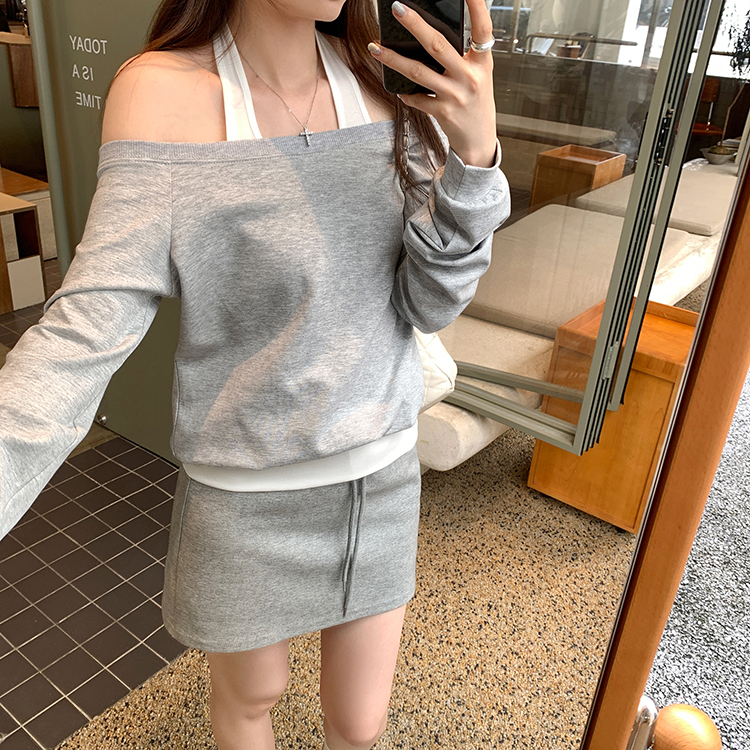 韓系掛脖一字領露肩假兩件長袖衛衣(2色)