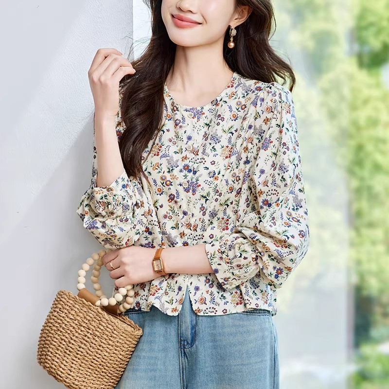 田園風寬鬆休閒圓領碎花襯衫