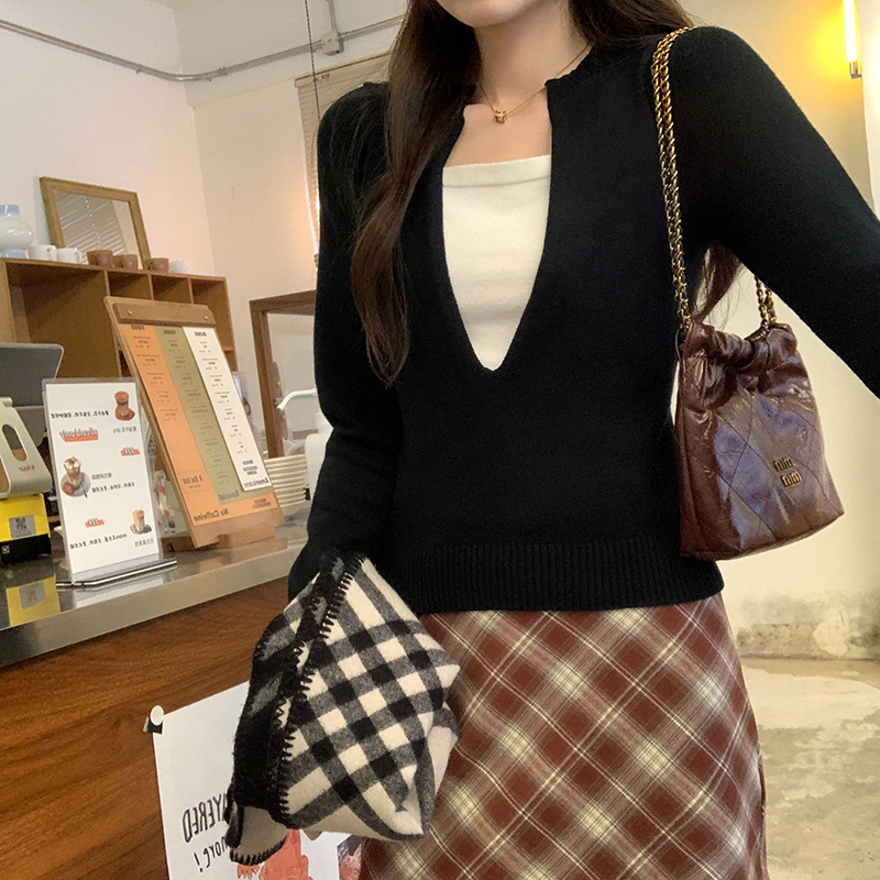 韓系撞色假兩件長袖針織衫(2色)