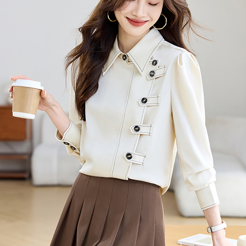 復古斜門襟高級感通勤緞面長袖襯衫