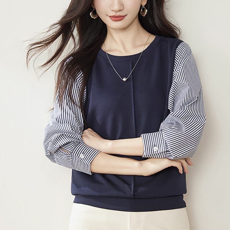 條紋拼接設計假兩件衛衣