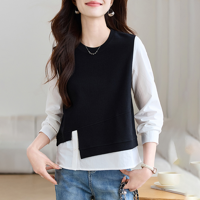 假兩件針織拼接長袖襯衫