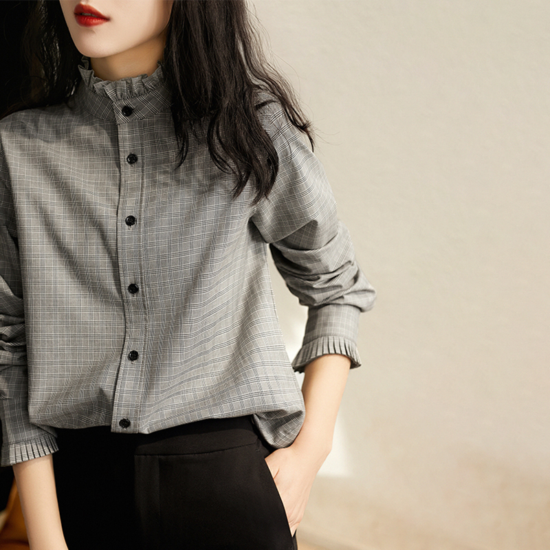 復古立領格子襯衫
