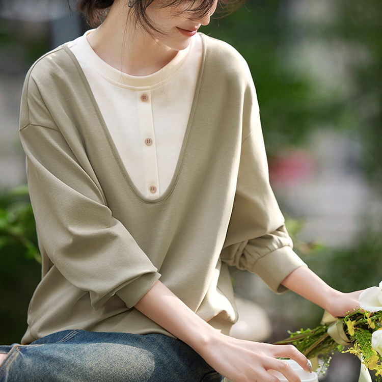 優雅疊穿撞色設計假兩件衛衣