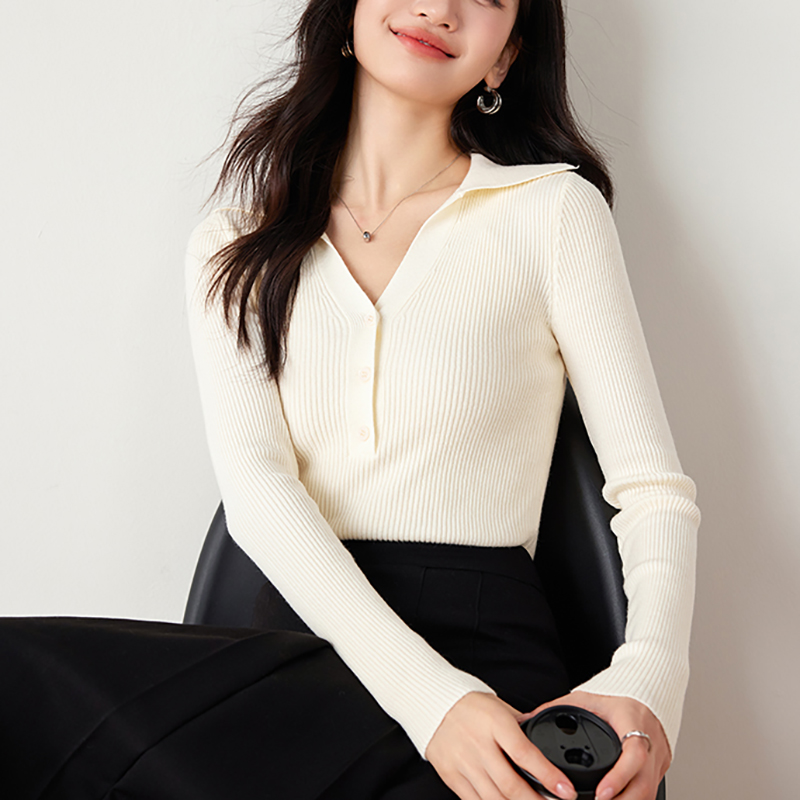 時尚百搭翻領修身針織衫(2色)