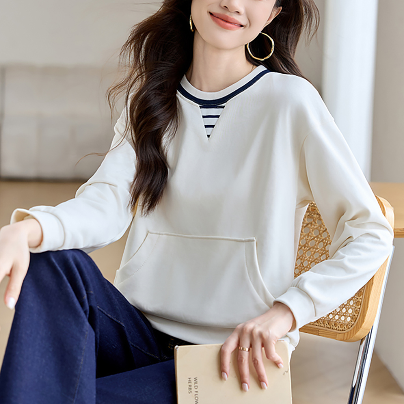 條紋拼接假兩件長袖衛衣