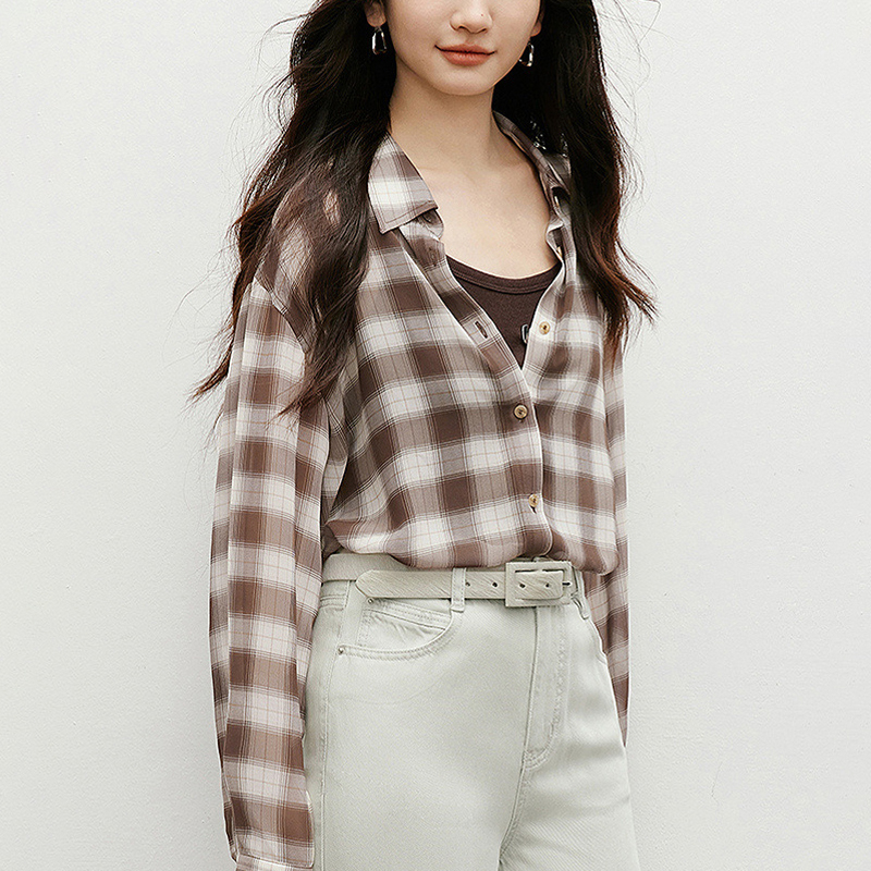 韓系復古格子寬鬆百搭襯衫