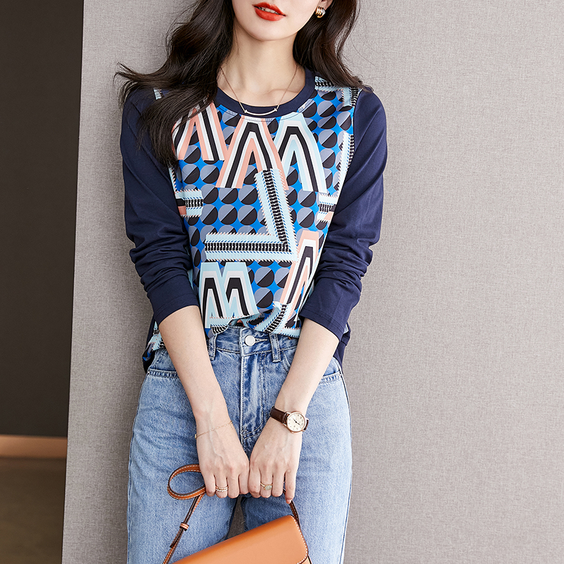 復古印花拼接圓領顯瘦長袖T恤