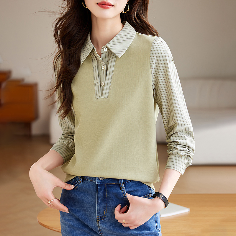 條紋拼接假兩件長袖襯衫(2色)