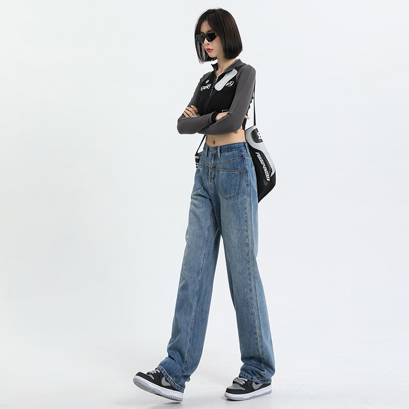 韓系高腰寬鬆設計直筒闊腿牛仔褲
