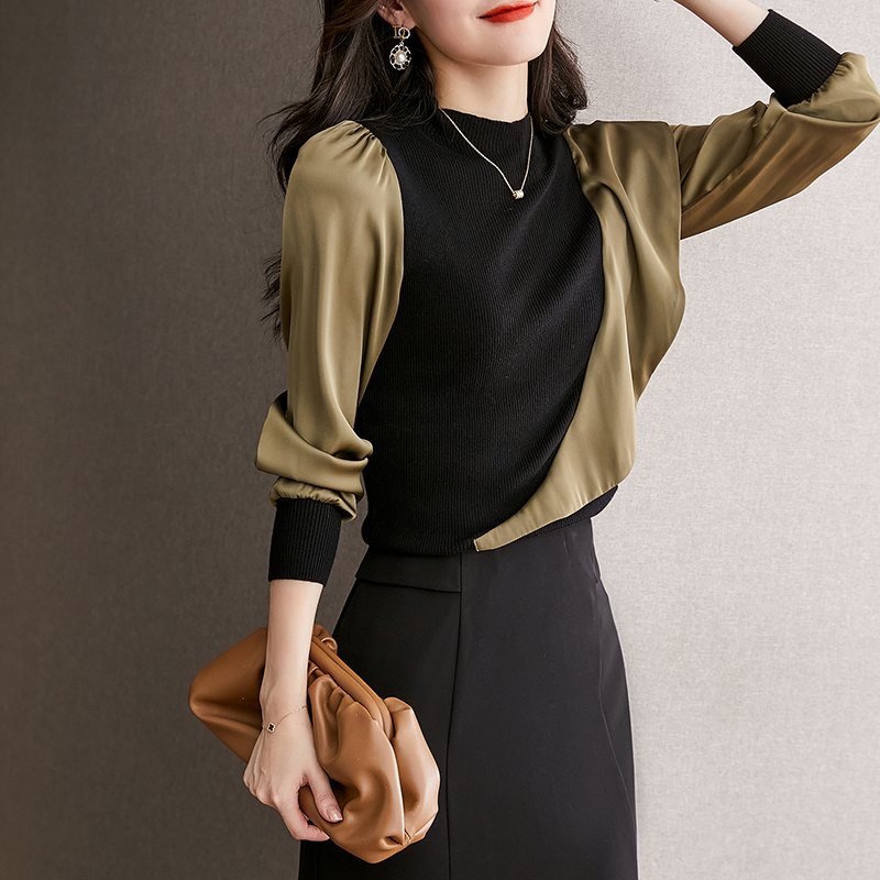 荷葉邊拼色設計長袖針織衫