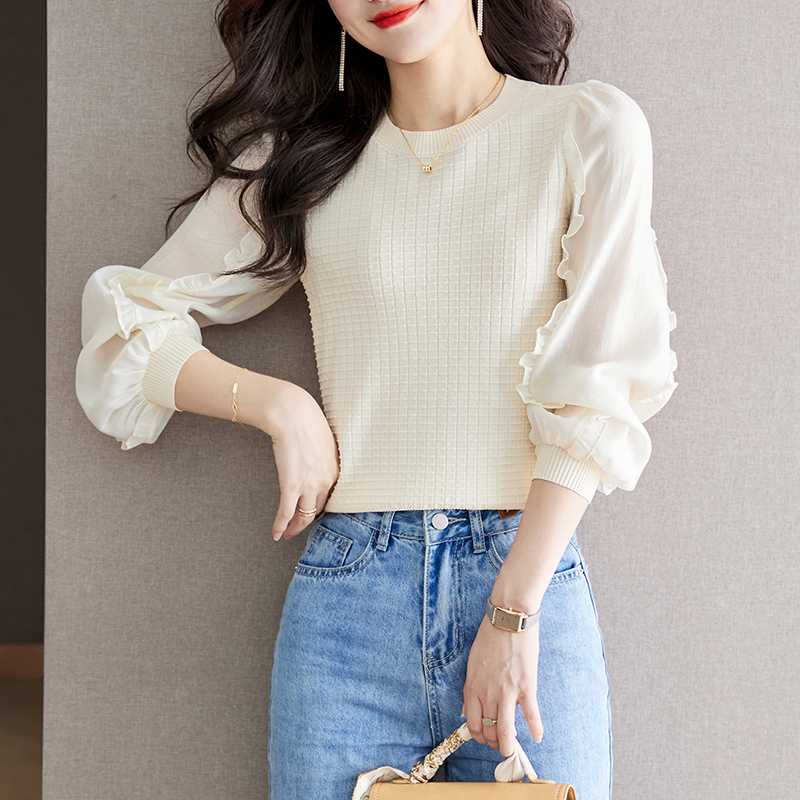 韓系荷葉邊圓領拼接針織衫