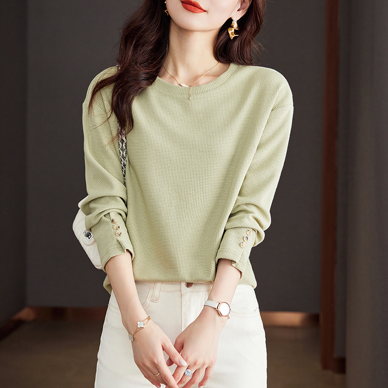 韓國休閒華夫格圓領長袖T恤