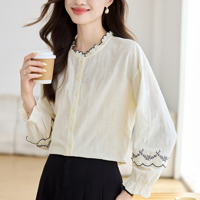 提花刺繡荷葉立領長袖襯衫