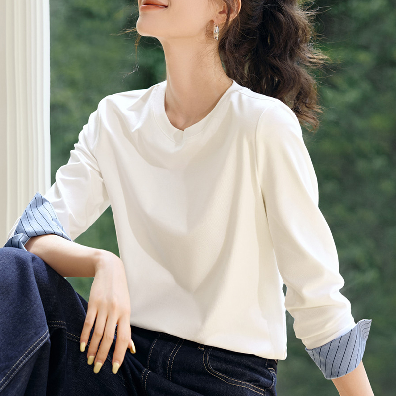 韓系條紋袖口撞色拼接長袖T恤(2色)