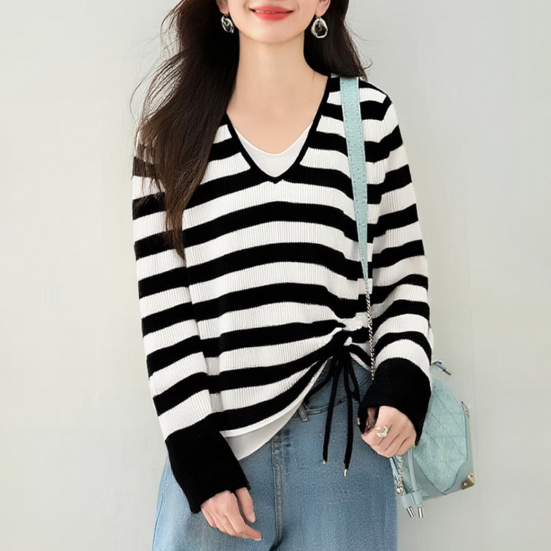 撞色V領假抽繩休閒針織衫(2色)