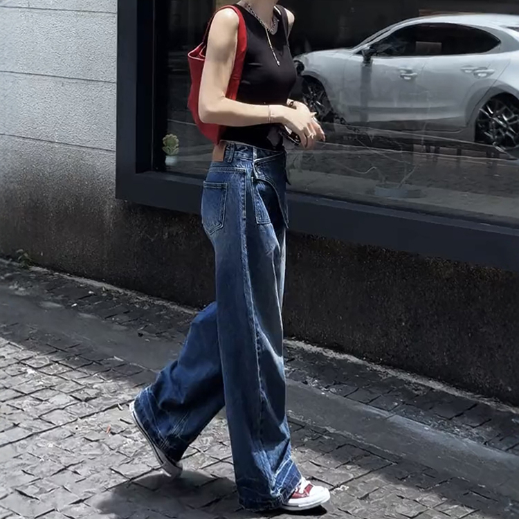 美式復古大尺碼寬腿牛仔褲