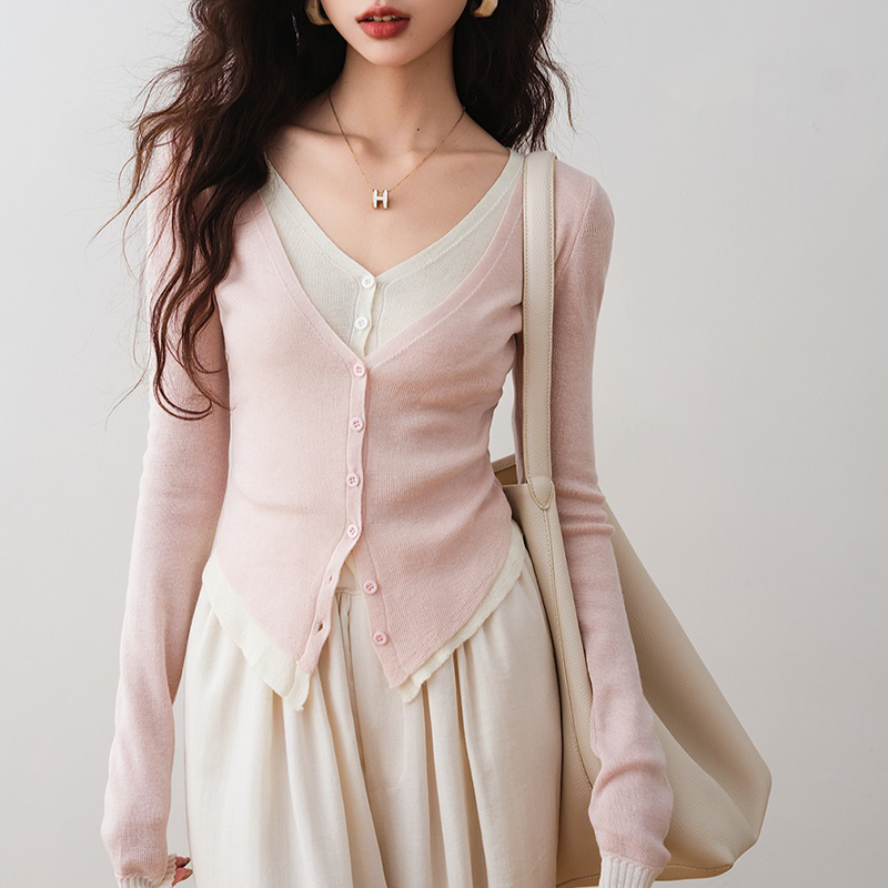 修身V領假兩件撞色針織開襟衫(2色)