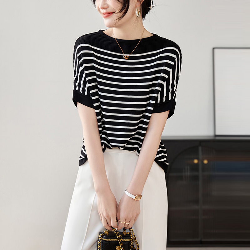 撞色條紋一字領針織T恤(3色)