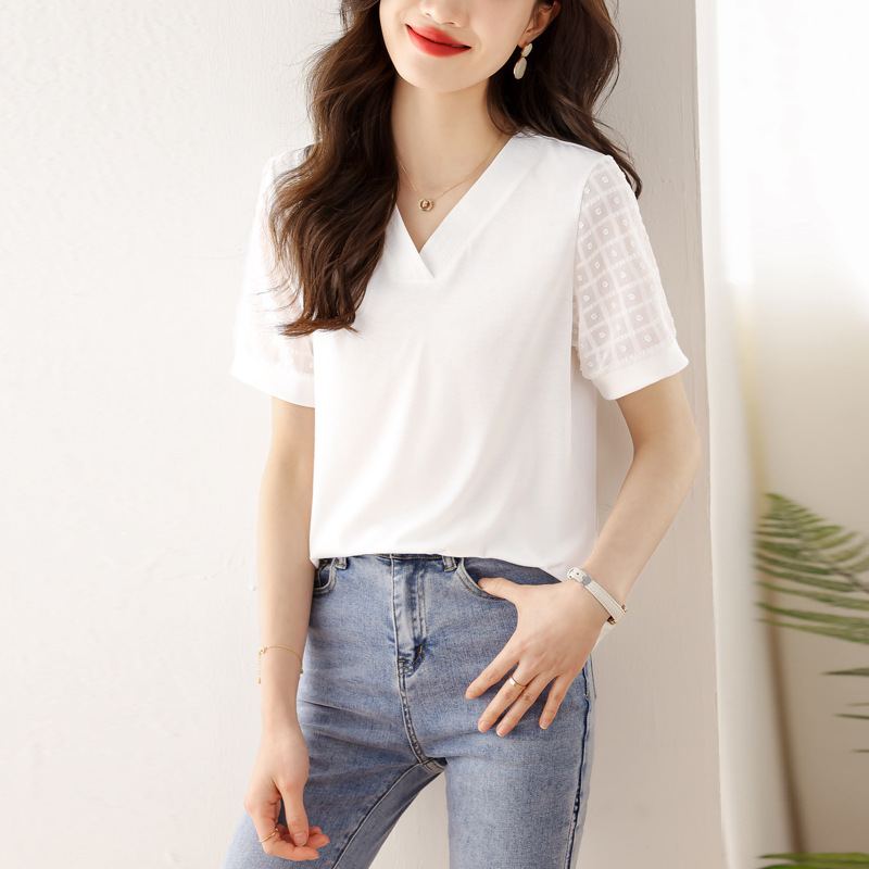 通勤百搭拼接v領短袖T恤