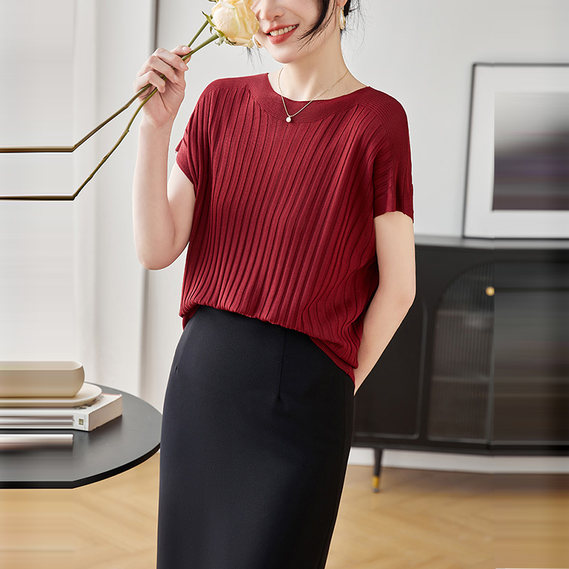 時尚修身百搭一字領針織短袖T恤(5)色
