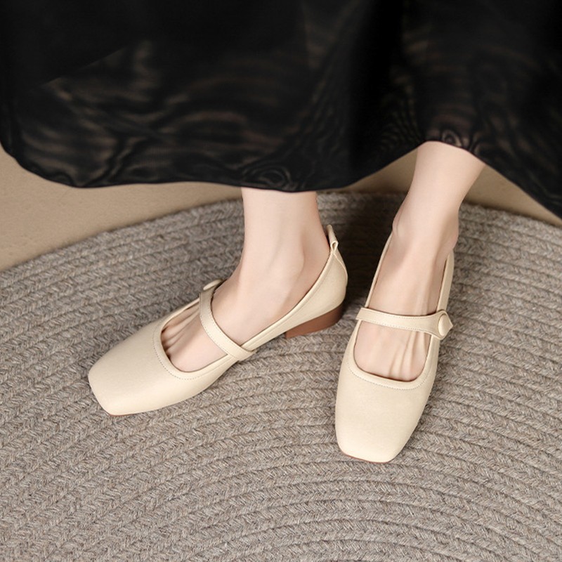 法式軟皮粗跟淺口豆豆鞋