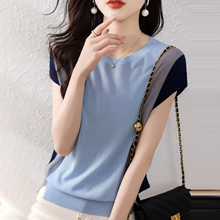 優雅軟糯親膚撞色圓領短袖T恤