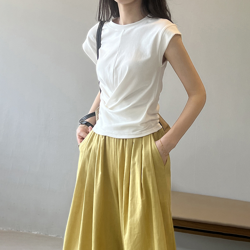 休閒純色小飛袖褶皺交叉不規則下擺T恤(3色)