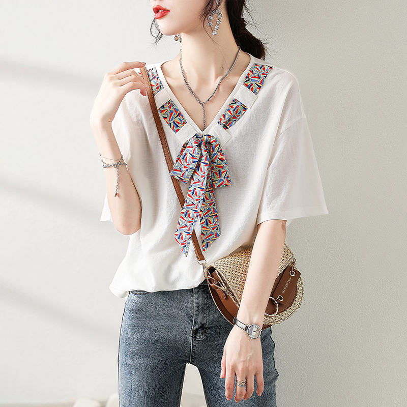 時尚繫帶撞色緞帶短袖T恤