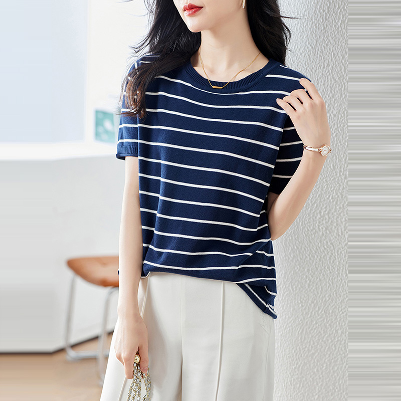 韓系休閒圓領條紋短袖T恤