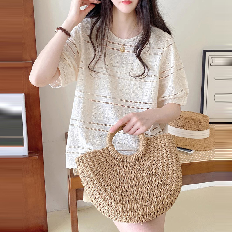 韓系小眾設計花朵鏤空短袖蕾絲小衫