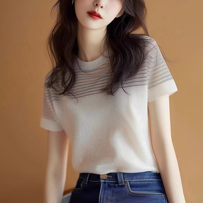 法式別緻亮閃閃條紋短袖T卹