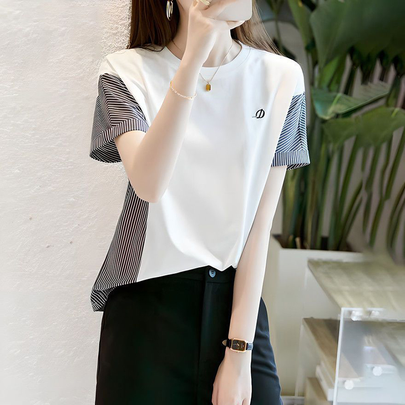 時尚圓領刺繡條紋短袖T恤
