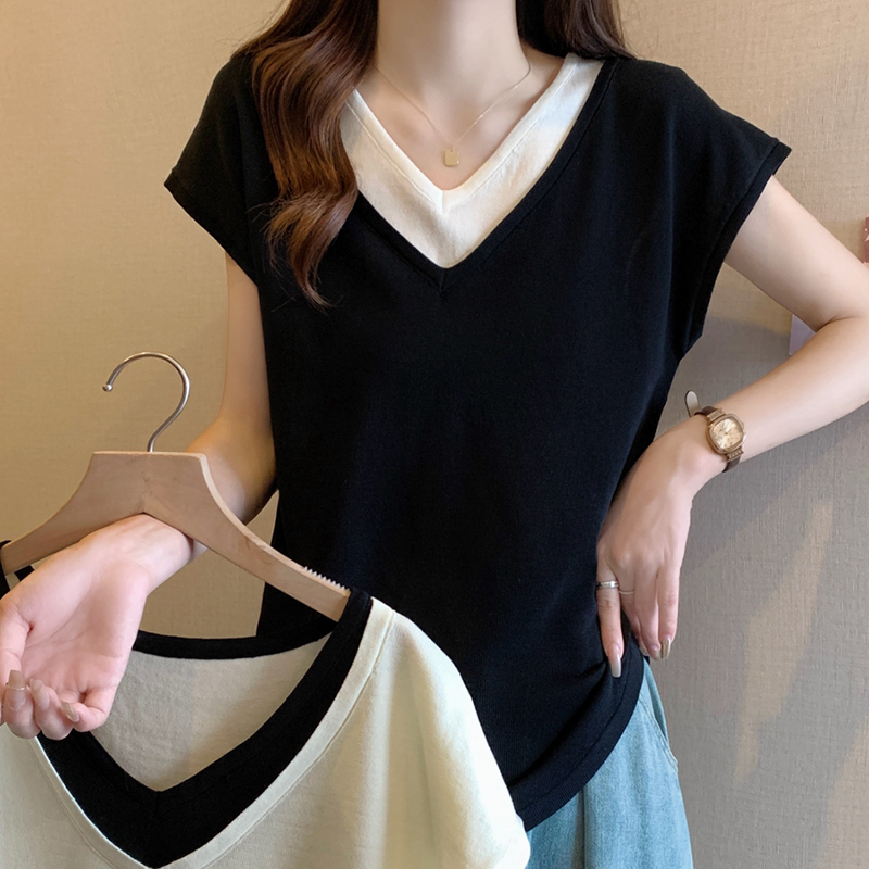 時尚假兩件V領針織短袖T恤(2色)