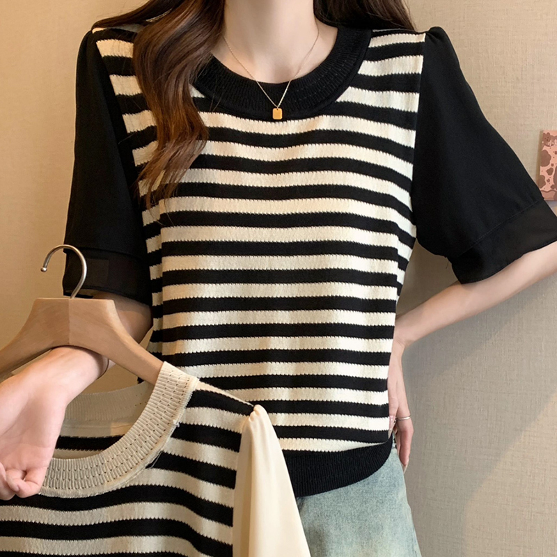 舒適圓領條紋拼接薄紗短袖T恤(2色)