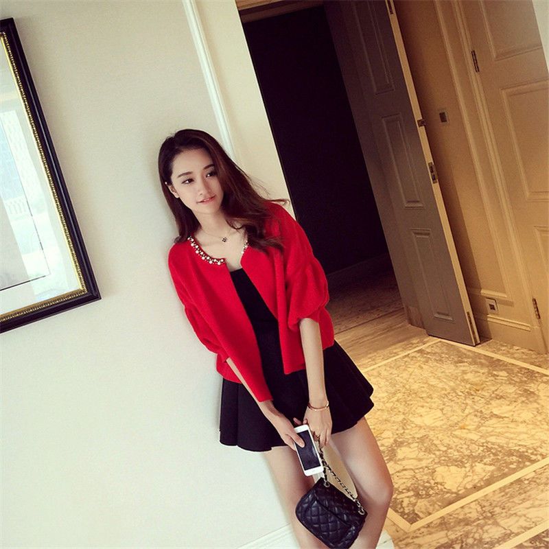 新款釘珠純色外套 / 中長針織無袖連身裙兩件套(2色)