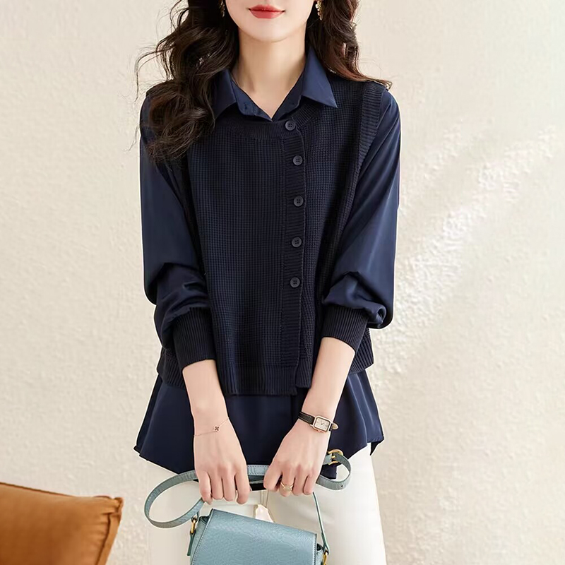 寬鬆休閒襯衫+針織馬甲兩件套(4色)