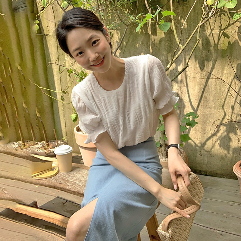 韓國褶皺感泡泡袖圓領套頭襯衫