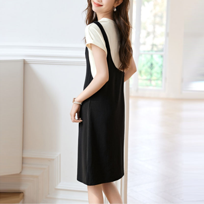 撞色拼接假兩件背帶連身裙