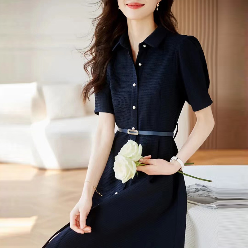 華夫格紋腰帶束腰襯衫連身裙