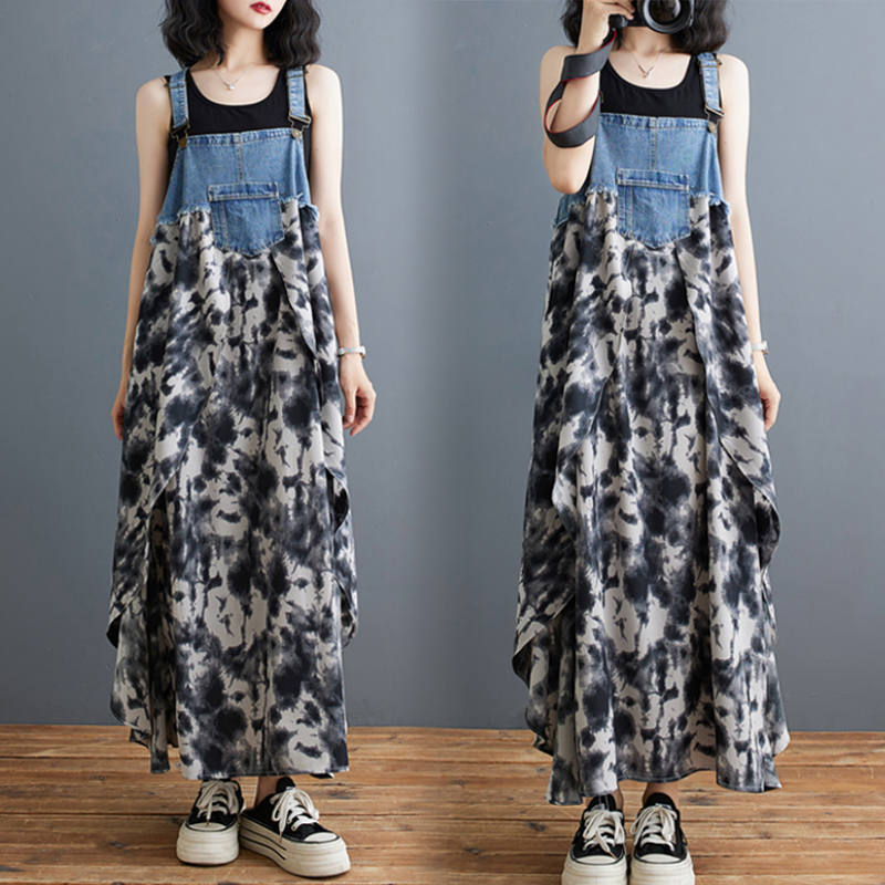 韓系荷葉邊牛仔拼接設計背帶款連身裙