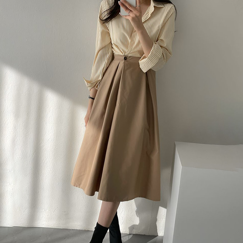 韓版復古條紋拼色襯衫連身裙