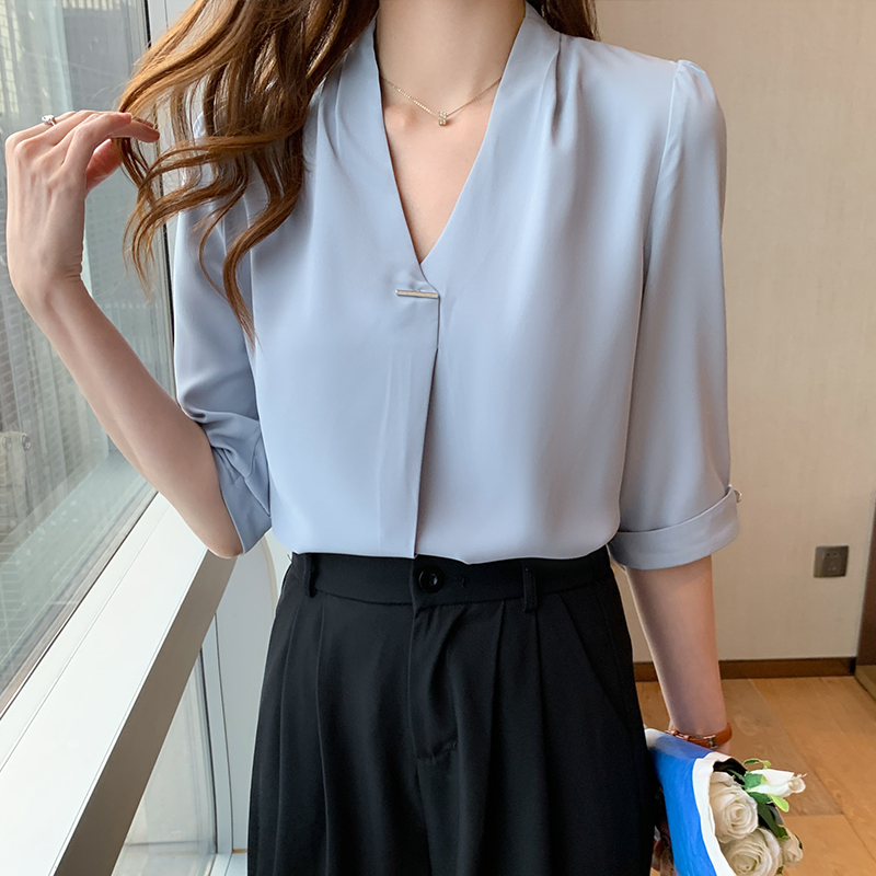 時尚優雅V領中袖職業襯衫
