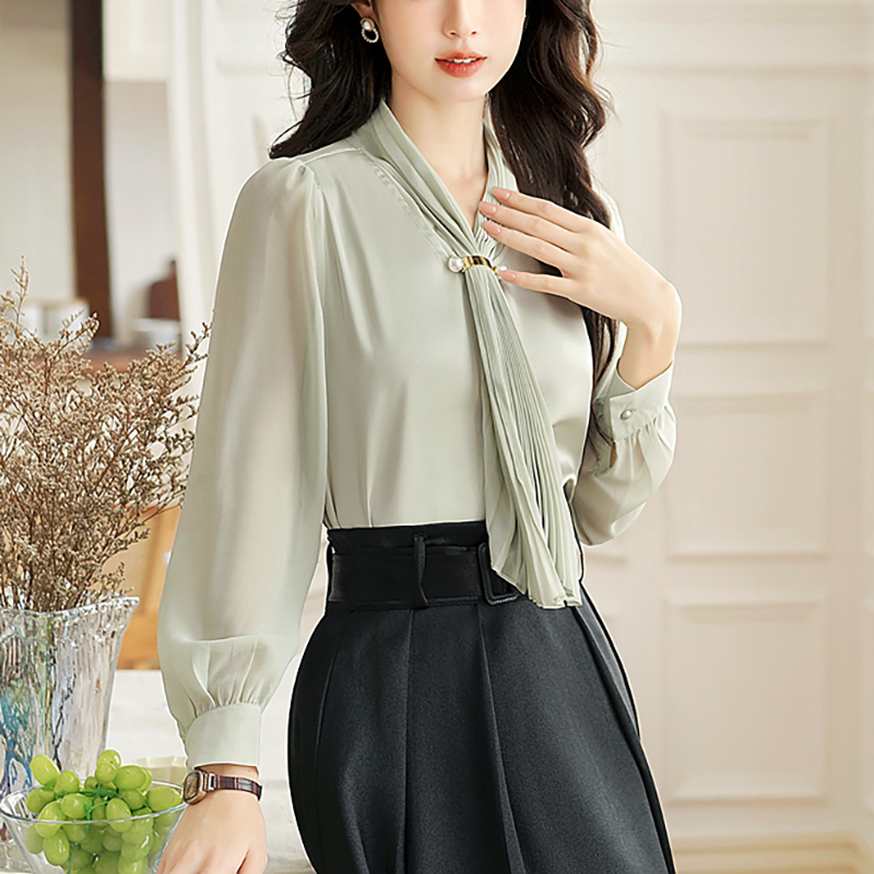 法式溫柔繫帶V領長袖襯衫