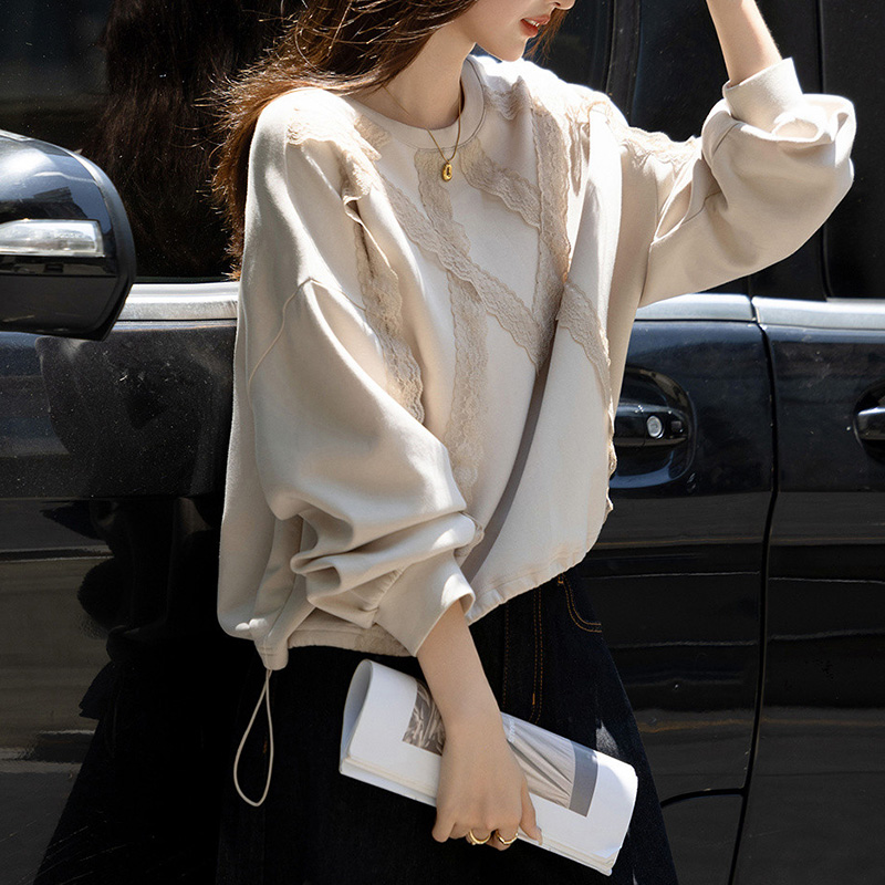 圓領蕾絲寬鬆彈性衛衣