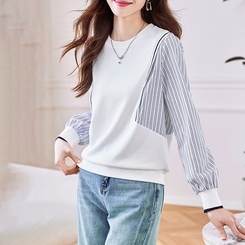 假兩件條紋拼接寬鬆長袖T恤