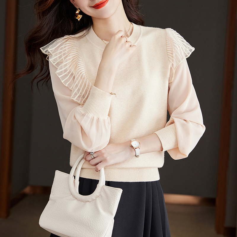 雪紡拼接荷葉邊圓領針織衫